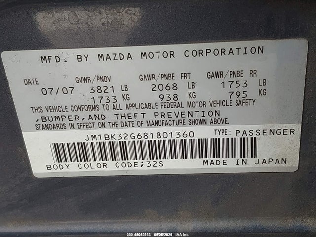 2008 Mazda Mazda3 I Sport მანქანა იყიდება აუქციონზე, vin: JM1BK32G681801360, აუქციონის ნომერი: 45052933