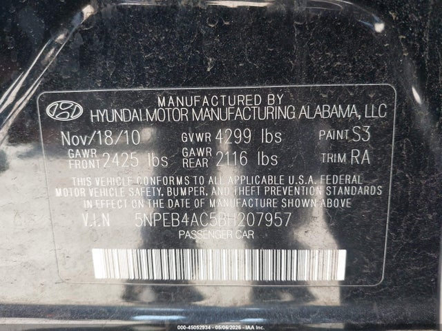 Aukcja sprzedaży 2011 Hyundai Sonata Gls, vin: 5NPEB4AC5BH207957, numer aukcji: 45052934