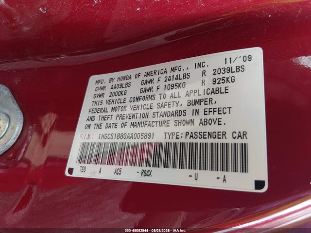 45052944 :رقم المزاد ، 1HGCS1B80AA005891 vin ، 2010 Honda Accord 2.4 Ex-l مزاد بيع