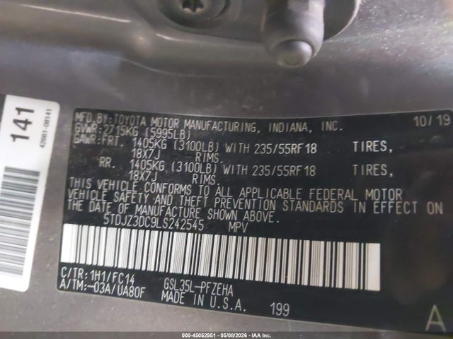 45052951 :رقم المزاد ، 5TDJZ3DC9LS242545 vin ، 2020 Toyota Sienna Le مزاد بيع