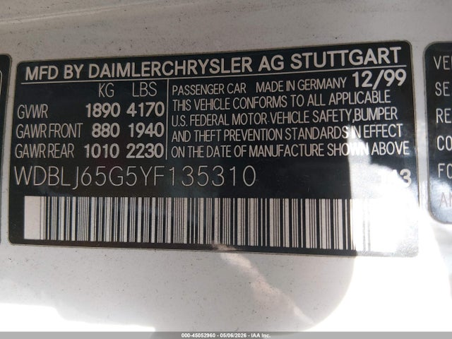 Продаж на аукціоні авто 2000 Mercedes-benz Clk 320, vin: WDBLJ65G5YF135310, номер лоту: 45052960
