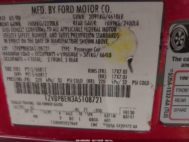 2010 Ford Mustang V6/v6 Premium მანქანა იყიდება აუქციონზე, vin: 1ZVBP8EN3A5108721, აუქციონის ნომერი: 45052963