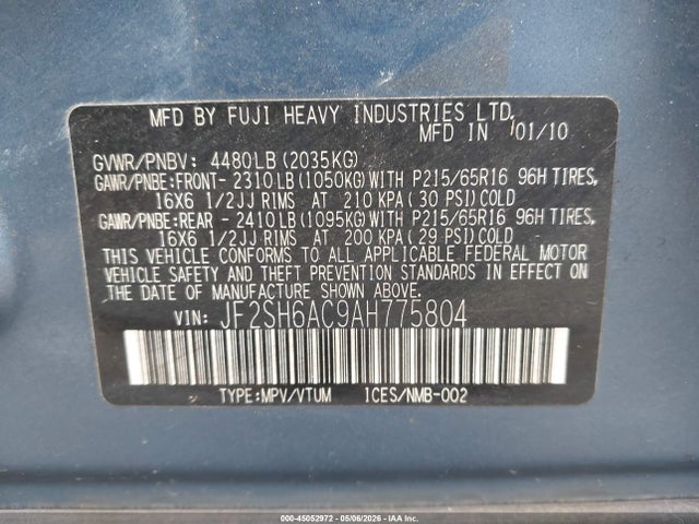 45052972 :رقم المزاد ، JF2SH6AC9AH775804 vin ، 2010 Subaru Forester 2.5x مزاد بيع