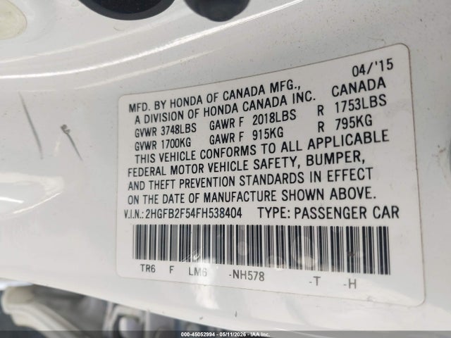 Honda Civic Lx 2015 2HGFB2F54FH538404 Image 9