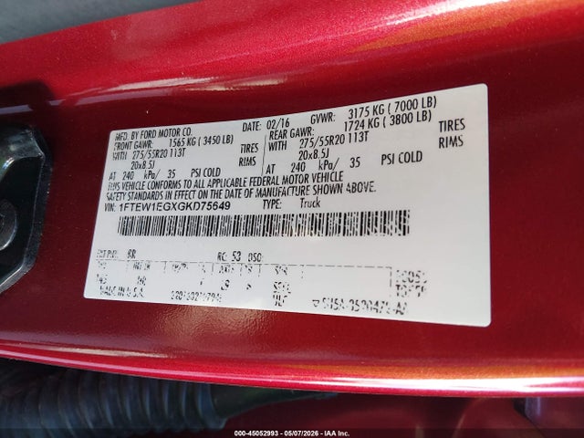 Продажа на аукционе авто 2016 Ford F-150 Lariat, vin: 1FTEW1EGXGKD75649, номер лота: 45052993