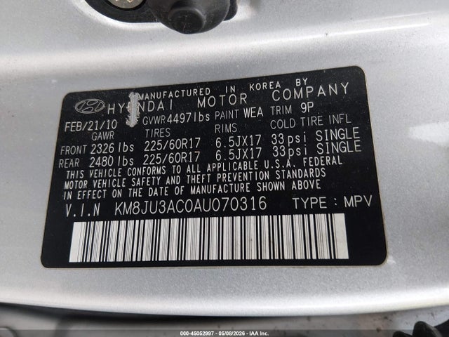 2010 Hyundai Tucson Gls მანქანა იყიდება აუქციონზე, vin: KM8JU3AC0AU070316, აუქციონის ნომერი: 45052997