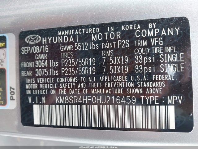 45053010 :رقم المزاد ، KM8SR4HF0HU216459 vin ، 2017 Hyundai Santa Fe Limited Ultimate مزاد بيع