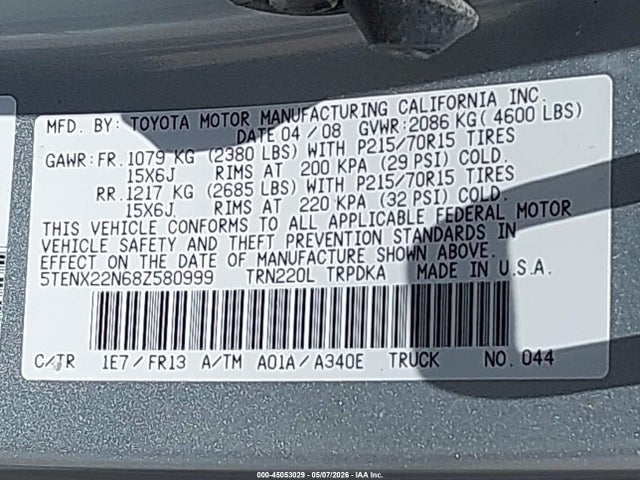 2008 Toyota Tacoma მანქანა იყიდება აუქციონზე, vin: 5TENX22N68Z580999, აუქციონის ნომერი: 45053029
