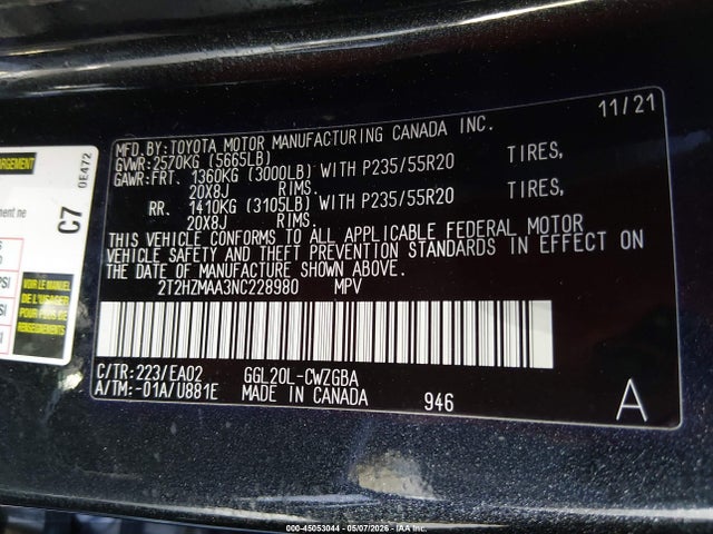 45053044 :رقم المزاد ، 2T2HZMAA3NC228980 vin ، 2022 Lexus Rx 350 مزاد بيع
