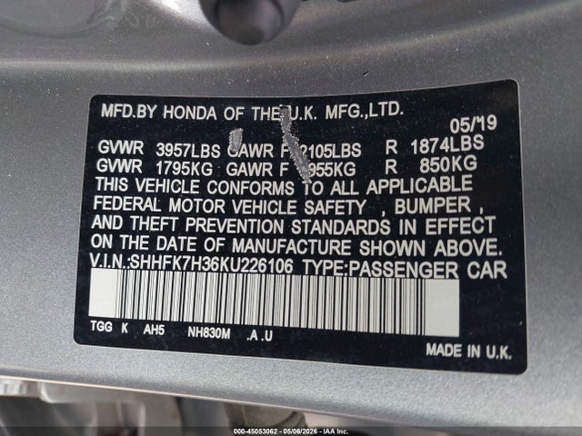Продажа на аукционе авто 2019 Honda Civic Lx, vin: SHHFK7H36KU226106, номер лота: 45053062
