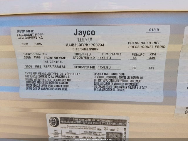 Продажа на аукционе авто 2019 Jayco Travel Trlr, vin: 1UJBJ0BR7K17S0734, номер лота: 45053065