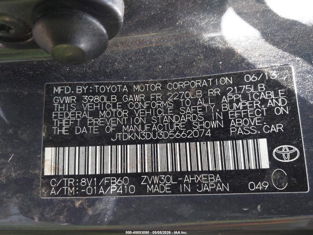 45053090 :رقم المزاد ، JTDKN3DU3D5662074 vin ، 2013 Toyota Prius Two مزاد بيع