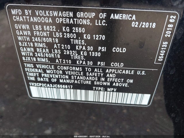 Продажа на аукционе авто 2018 Volkswagen Atlas 2.0t Se, vin: 1V2CP2CA3JC556617, номер лота: 45053091