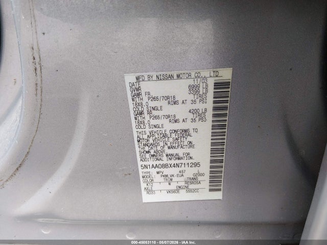 Продаж на аукціоні авто 2004 Nissan Pathfinder Armada Le, vin: 5N1AA08BX4N711295, номер лоту: 45053110