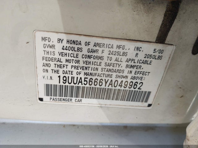 45053156 :رقم المزاد ، 19UUA5666YA049962 vin ، 2000 Acura Tl 3.2 مزاد بيع