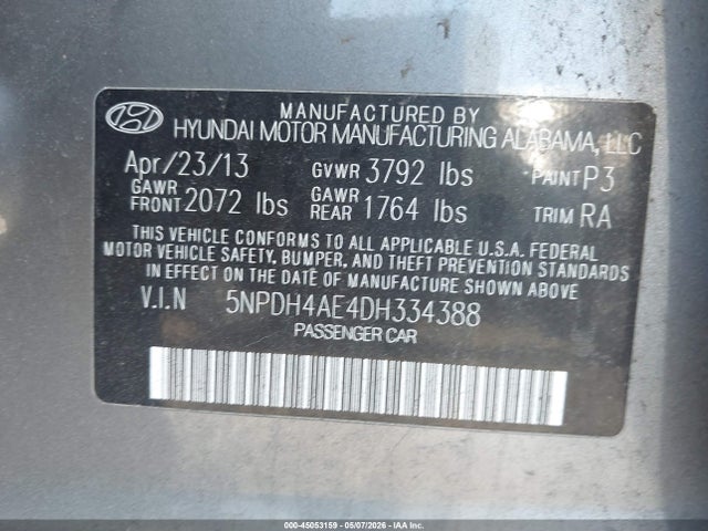 2013 Hyundai Elantra Gls მანქანა იყიდება აუქციონზე, vin: 5NPDH4AE4DH334388, აუქციონის ნომერი: 45053159