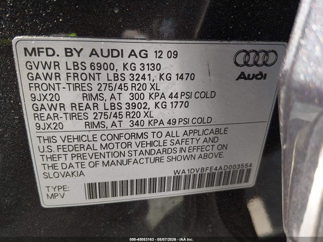 45053163 :رقم المزاد ، WA1DVBFE4AD003554 vin ، 2010 Audi Q7 4.2 Prestige مزاد بيع