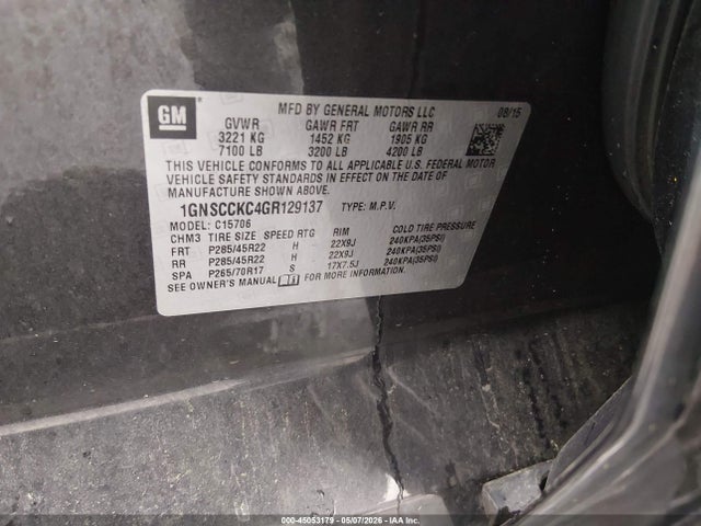 45053179 :رقم المزاد ، 1GNSCCKC4GR129137 vin ، 2016 Chevrolet Tahoe Ltz مزاد بيع