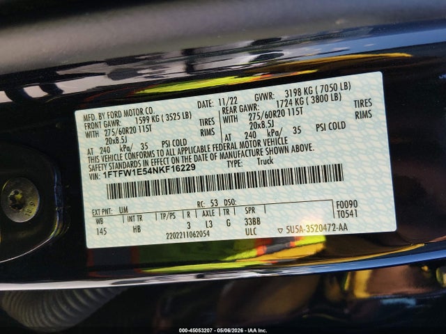 Aukcja sprzedaży 2022 Ford F-150 Lariat, vin: 1FTFW1E54NKF16229, numer aukcji: 45053207