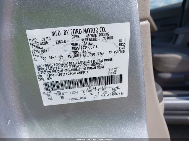2010 Ford Escape Xlt მანქანა იყიდება აუქციონზე, vin: 1FMCU9D72AKC28967, აუქციონის ნომერი: 45053216