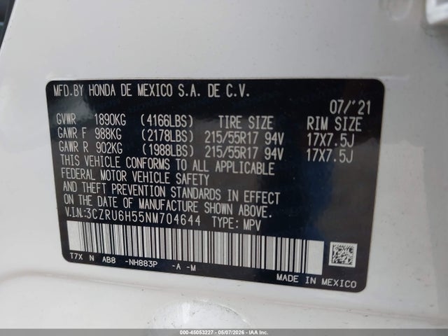45053227 :رقم المزاد ، 3CZRU6H55NM704644 vin ، 2022 Honda Hr-v Awd Ex مزاد بيع