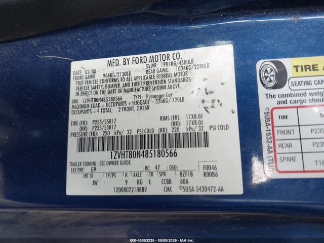 2008 Ford Mustang V6 Deluxe/v6 Premium მანქანა იყიდება აუქციონზე, vin: 1ZVHT80N485180566, აუქციონის ნომერი: 45053235