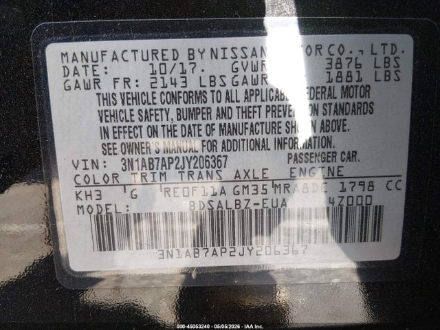 Aukcja sprzedaży 2018 Nissan Sentra S, vin: 3N1AB7AP2JY206367, numer aukcji: 45053240