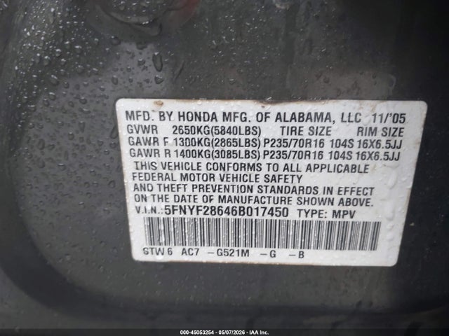 45053254 :رقم المزاد ، 5FNYF28646B017450 vin ، 2006 Honda Pilot Ex-l مزاد بيع