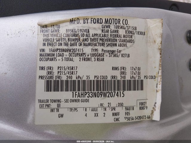 Продаж на аукціоні авто 2009 Ford Focus Ses, vin: 1FAHP33N09W207415, номер лоту: 45053268