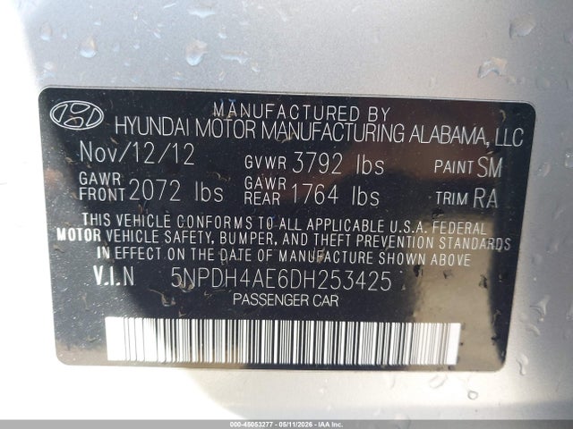 2013 Hyundai Elantra Gls მანქანა იყიდება აუქციონზე, vin: 5NPDH4AE6DH253425, აუქციონის ნომერი: 45053277