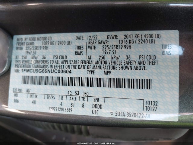 Aukcja sprzedaży 2022 Ford Escape Se, vin: 1FMCU9G66NUC00604, numer aukcji: 45053280