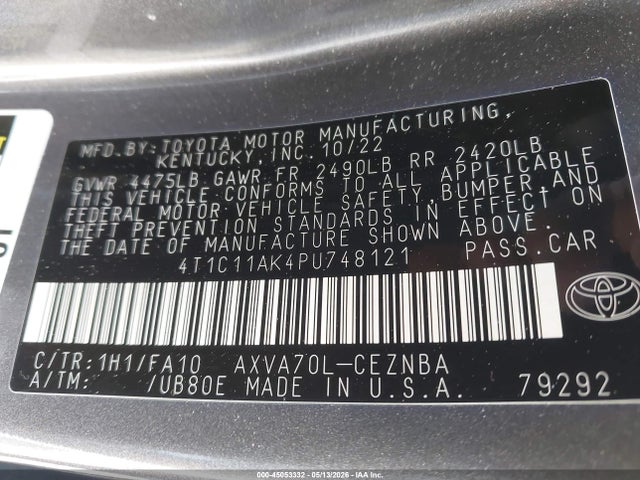 2023 Toyota Camry Le მანქანა იყიდება აუქციონზე, vin: 4T1C11AK4PU748121, აუქციონის ნომერი: 45053332