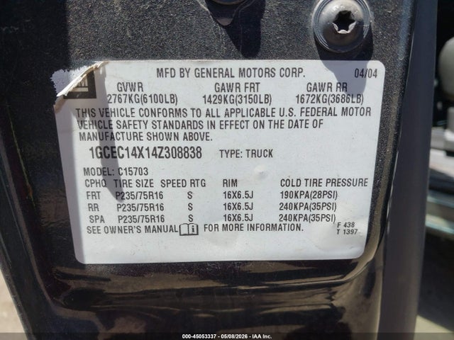 Продаж на аукціоні авто 2004 Chevrolet Silverado 1500 Work Truck, vin: 1GCEC14X14Z308838, номер лоту: 45053337