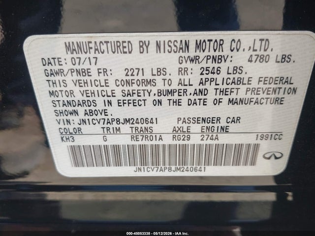 Продаж на аукціоні авто 2018 Infiniti Q50 2.0t Pure, vin: JN1CV7AP8JM240641, номер лоту: 45053338