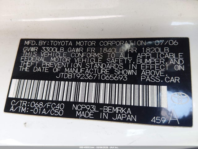 Aukcja sprzedaży 2007 Toyota Yaris, vin: JTDBT923671065693, numer aukcji: 45053344
