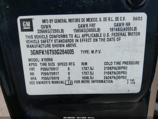 Aukcja sprzedaży 2003 Chevrolet Suburban 1500 Z71, vin: 3GNFK16T93G284005, numer aukcji: 45053361