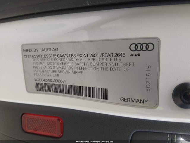 2018 Audi S5 3.0t Premium Plus მანქანა იყიდება აუქციონზე, vin: WAUC4CF50JA069575, აუქციონის ნომერი: 45053373