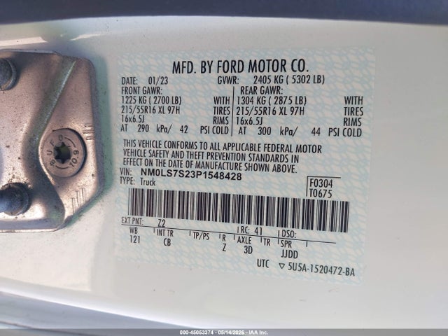 Aukcja sprzedaży 2023 Ford Transit Connect Xl, vin: NM0LS7S23P1548428, numer aukcji: 45053374