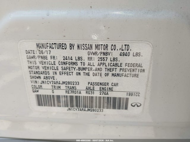 45053380 :رقم المزاد ، JN1CV7AR4JM280233 vin ، 2018 Infiniti Q50 2.0t Pure مزاد بيع