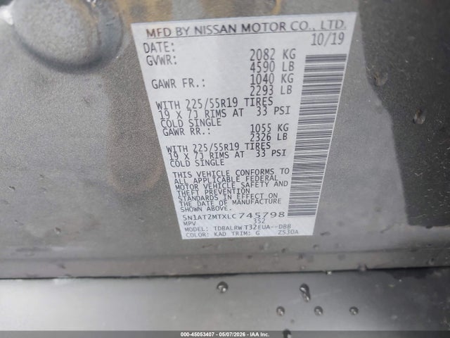 Auction sale of the 2020 Nissan Rogue Sl Fwd, vin: 5N1AT2MTXLC745798, lot number: 45053407