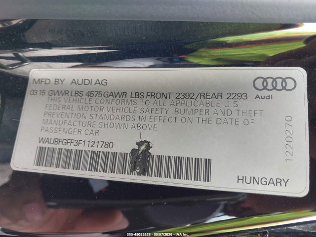 Продаж на аукціоні авто 2015 Audi A3 2.0t Premium, vin: WAUBFGFF3F1121780, номер лоту: 45053428