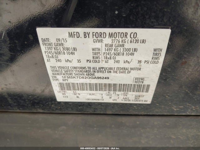 Продаж на аукціоні авто 2016 Ford Explorer Xlt, vin: 1FM5K7D82GGA96249, номер лоту: 45053432