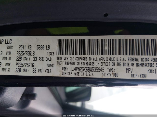 2011 Jeep Liberty Sport მანქანა იყიდება აუქციონზე, vin: 1J4PN2GK6BW535945, აუქციონის ნომერი: 45053439