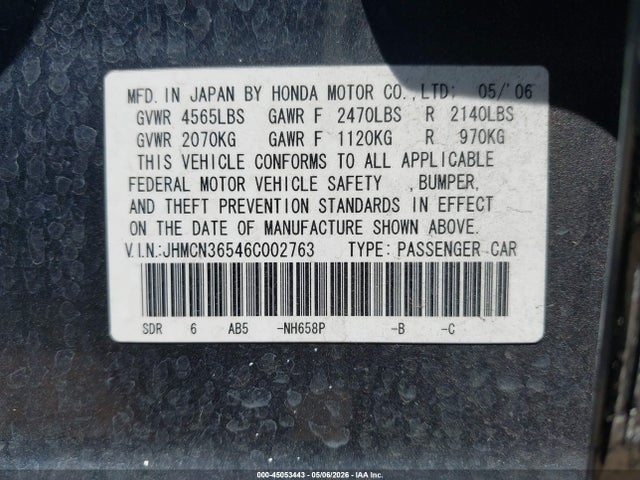 Aukcja sprzedaży 2006 Honda Accord Hybrid, vin: JHMCN36546C002763, numer aukcji: 45053443