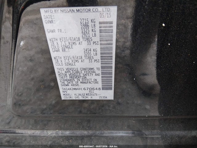 45053447 :رقم المزاد ، 5N1AR2MN4FC670648 vin ، 2015 Nissan Pathfinder Sl مزاد بيع