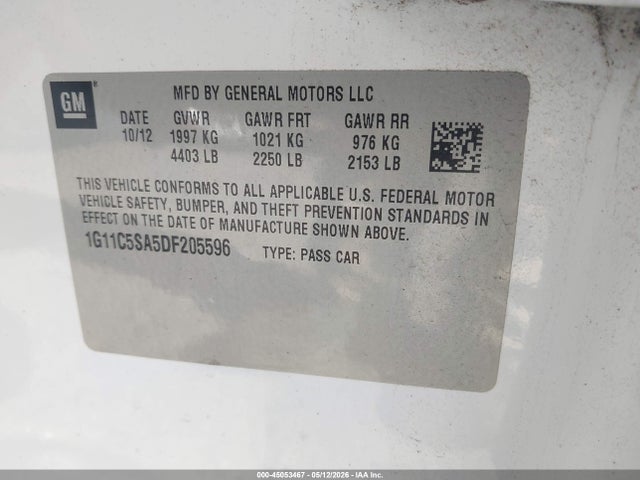 Продаж на аукціоні авто 2013 Chevrolet Malibu 1lt, vin: 1G11C5SA5DF205596, номер лоту: 45053467