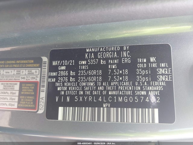 2021 Kia Sorento S მანქანა იყიდება აუქციონზე, vin: 5XYRL4LC1MG057402, აუქციონის ნომერი: 45053481