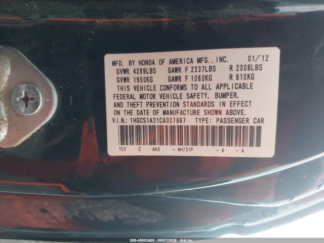 2012 Honda Accord 2.4 Lx-s მანქანა იყიდება აუქციონზე, vin: 1HGCS1A31CA007867, აუქციონის ნომერი: 45053485