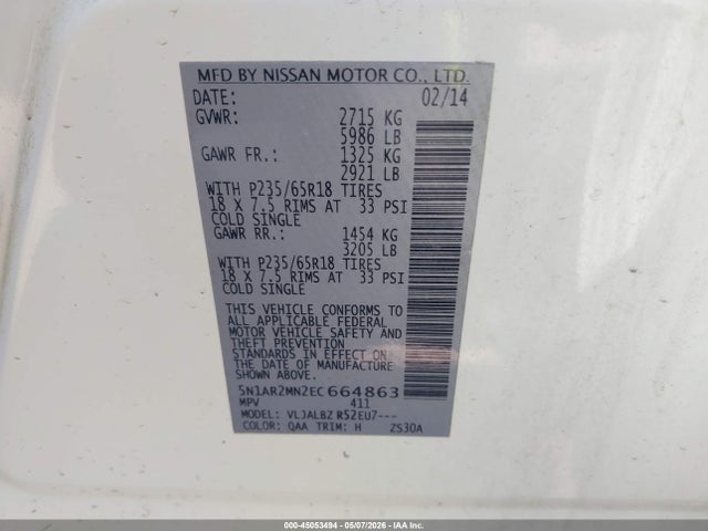 Aukcja sprzedaży 2014 Nissan Pathfinder S, vin: 5N1AR2MN2EC664863, numer aukcji: 45053494