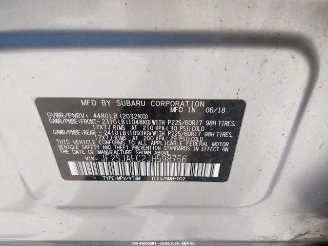 45053501 :رقم المزاد ، JF2SJAEC2JH598756 vin ، 2018 Subaru Forester 2.5i Premium مزاد بيع
